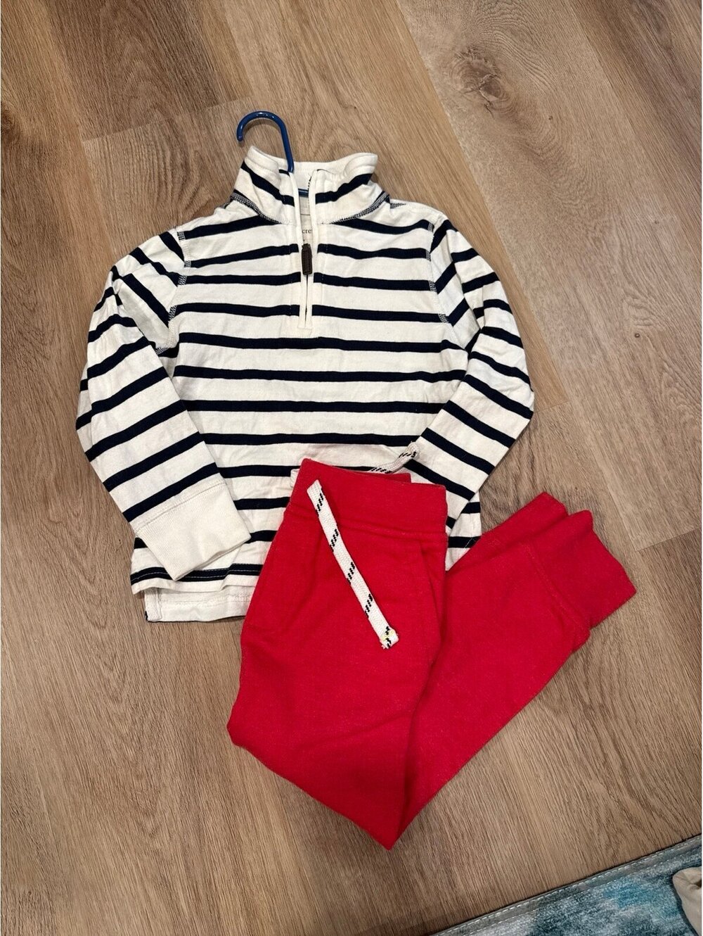 Crew cuts Navy strike quarter zip and red sweatpants